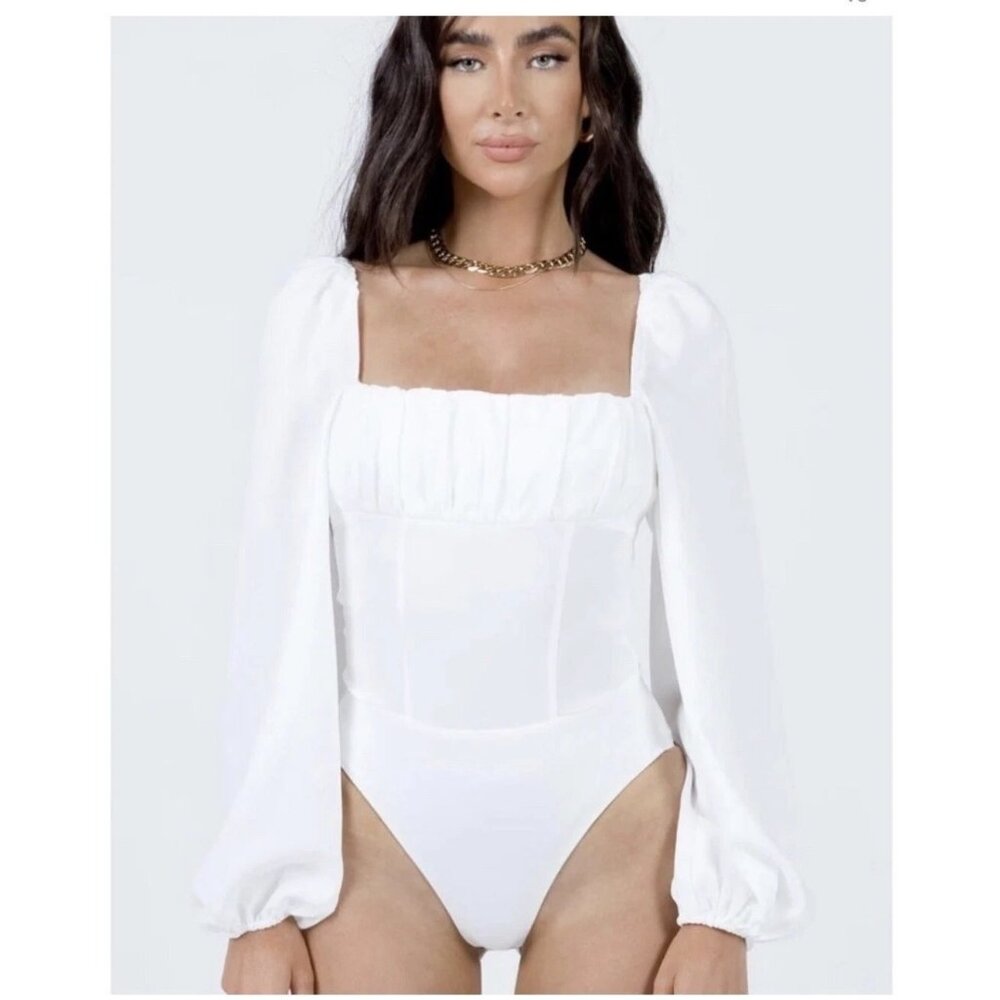 Princess Polly Laura Bodysuit Size 6 Long Balloon Sleeve Poly White Minimalist